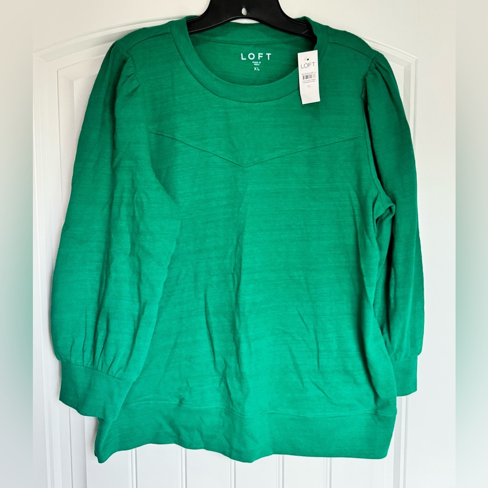 LOFT Green Puff Sleeve Pullover XL NWT Lightweight Crewneck Sweatshirt